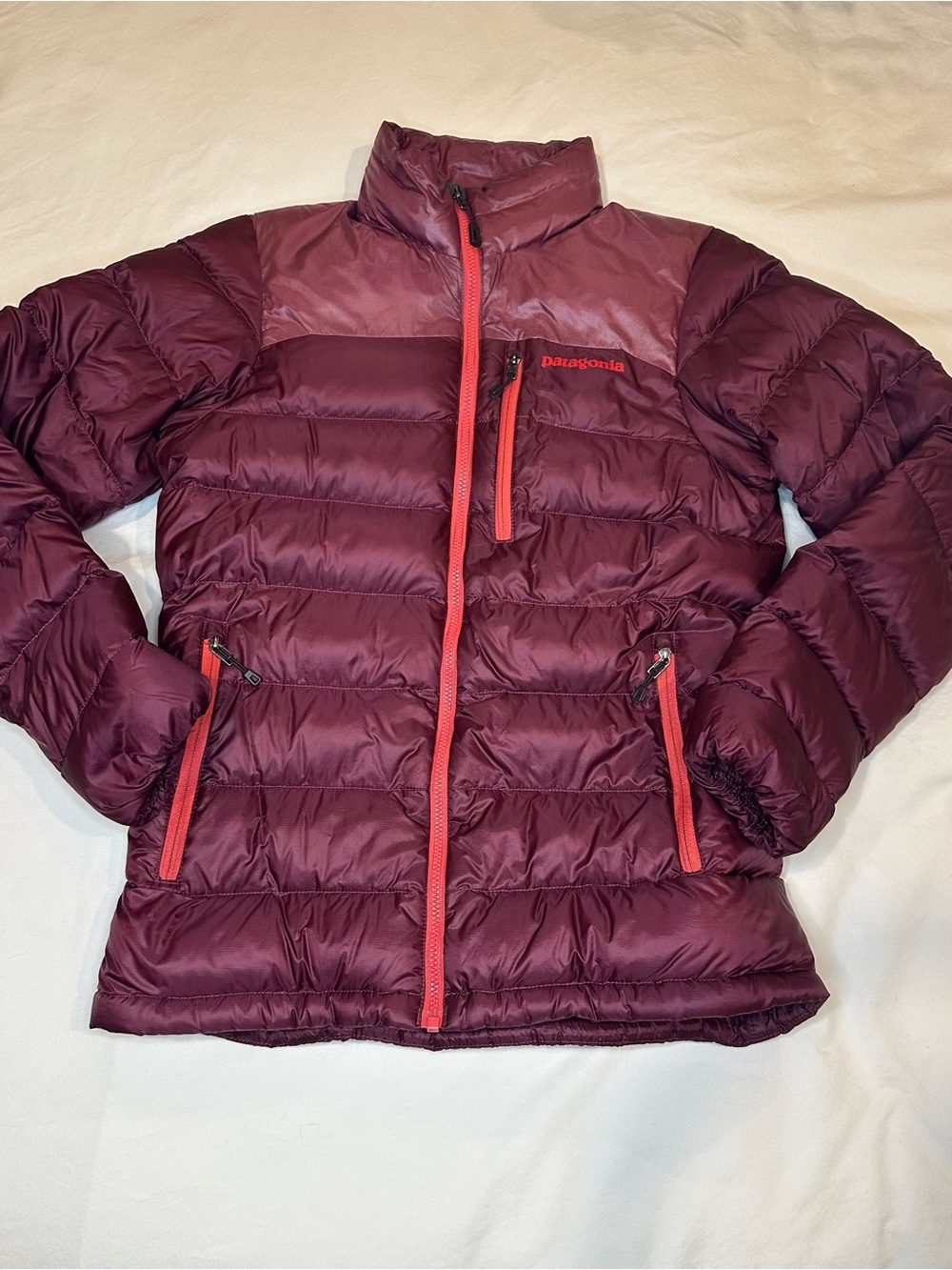 Patagonia Women's Puffer Jacket in Burgundy with Red Accents